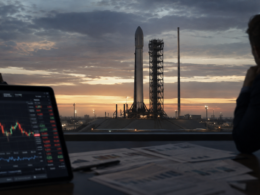 Representative image of a rocket awaiting launch as investors track market charts, reflecting growing skepticism over whether SpaceX will file for its anticipated IPO in May.