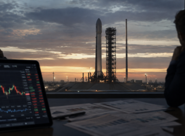 Representative image of a rocket awaiting launch as investors track market charts, reflecting growing skepticism over whether SpaceX will file for its anticipated IPO in May.
