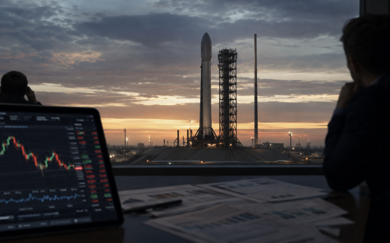 Representative image of a rocket awaiting launch as investors track market charts, reflecting growing skepticism over whether SpaceX will file for its anticipated IPO in May.