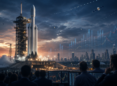 Representative image of a rocket launch and financial market charts, reflecting investor focus on the reported SpaceX IPO valuation debate, record listing ambitions, and questions over cash burn.