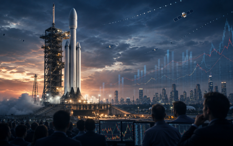 Representative image of a rocket launch and financial market charts, reflecting investor focus on the reported SpaceX IPO valuation debate, record listing ambitions, and questions over cash burn.