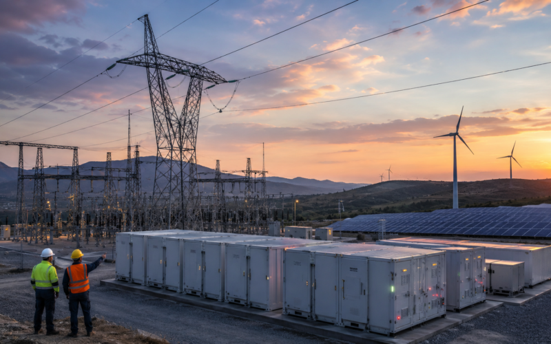 Representative image of Spain’s power grid, battery storage and renewable energy infrastructure as the European Commission approves a €9 billion capacity mechanism to strengthen electricity security and backup power reliability.