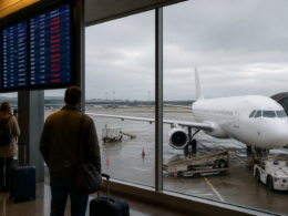 Representative image: Stranded passengers wait inside an airport terminal as cancelled flight screens and a grounded aircraft capture the disruption caused by Spirit Airlines’ weekend shutdown and passenger refund process.