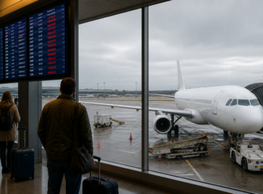 Representative image: Stranded passengers wait inside an airport terminal as cancelled flight screens and a grounded aircraft capture the disruption caused by Spirit Airlines’ weekend shutdown and passenger refund process.