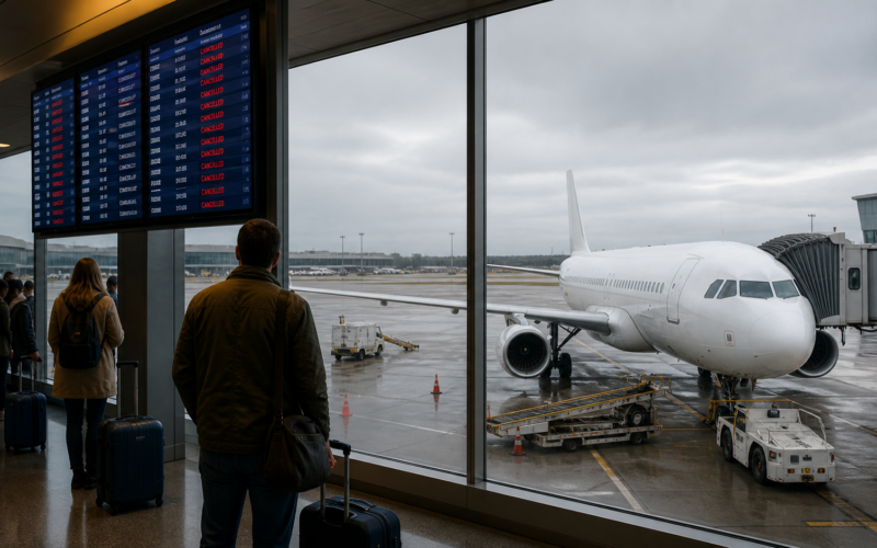 Representative image: Stranded passengers wait inside an airport terminal as cancelled flight screens and a grounded aircraft capture the disruption caused by Spirit Airlines’ weekend shutdown and passenger refund process.