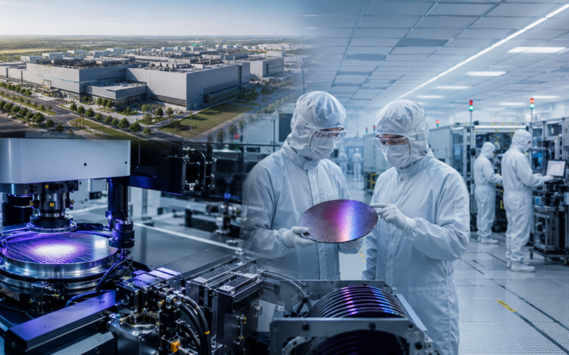 Representative image of a semiconductor cleanroom and wafer fabrication facility, illustrating how the Tata Electronics–ASML partnership could strengthen India’s 300 mm chip manufacturing ambitions at the Dholera semiconductor fab in Gujarat.