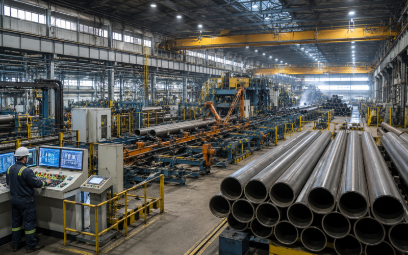 Representative image of a modern steel pipe manufacturing facility, illustrating Tenaris S.A.’s planned C$306 million modernization of its Sault Ste. Marie operations to strengthen Canadian OCTG production and energy supply chain resilience.