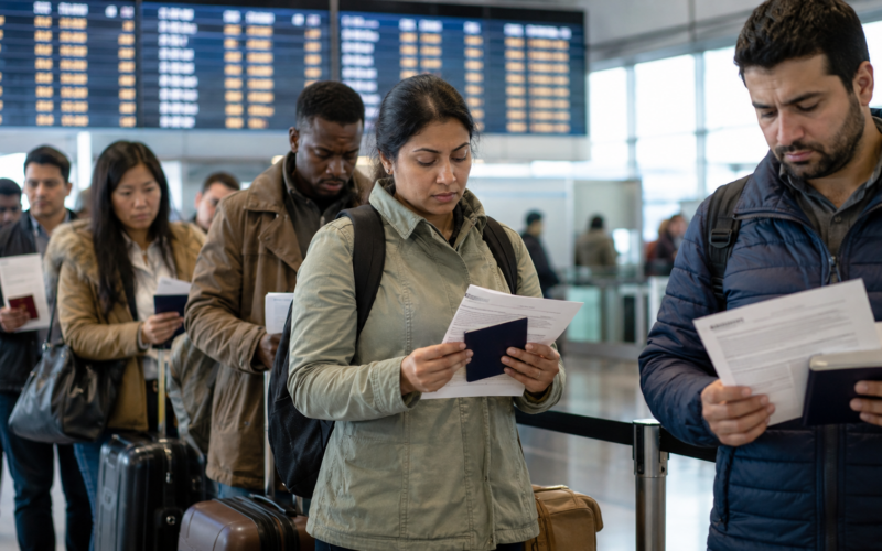 Representative image: Foreign nationals holding passports and immigration documents at an airport, reflecting the Trump administration’s new green card policy requiring many applicants to return to their home countries for consular processing.