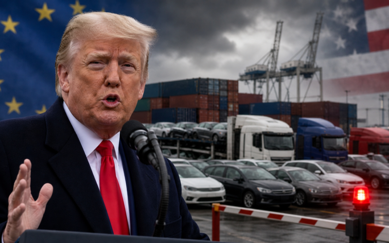 Representative image: European Union cars and trucks face renewed uncertainty at a transatlantic port backdrop as Donald Trump’s proposed 25 per cent auto tariff puts the Turnberry Agreement under fresh pressure.