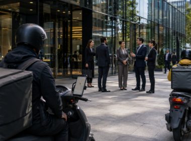 Representative image of unbranded delivery riders outside a modern business district, reflecting how Uber, DoorDash and Delivery Hero takeover talks could reshape global food delivery consolidation.