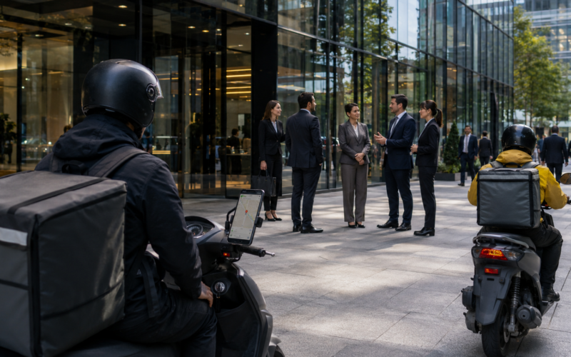Representative image of unbranded delivery riders outside a modern business district, reflecting how Uber, DoorDash and Delivery Hero takeover talks could reshape global food delivery consolidation.