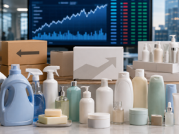Representative image of unbranded home and personal care products set against a financial markets backdrop, reflecting Unilever’s push toward a pureplay consumer care business as investors watch its restructuring, Q1 2026 sales growth and upcoming H1 results.