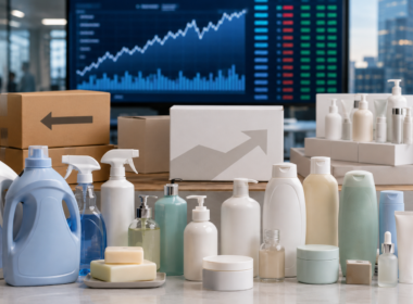 Representative image of unbranded home and personal care products set against a financial markets backdrop, reflecting Unilever’s push toward a pureplay consumer care business as investors watch its restructuring, Q1 2026 sales growth and upcoming H1 results.