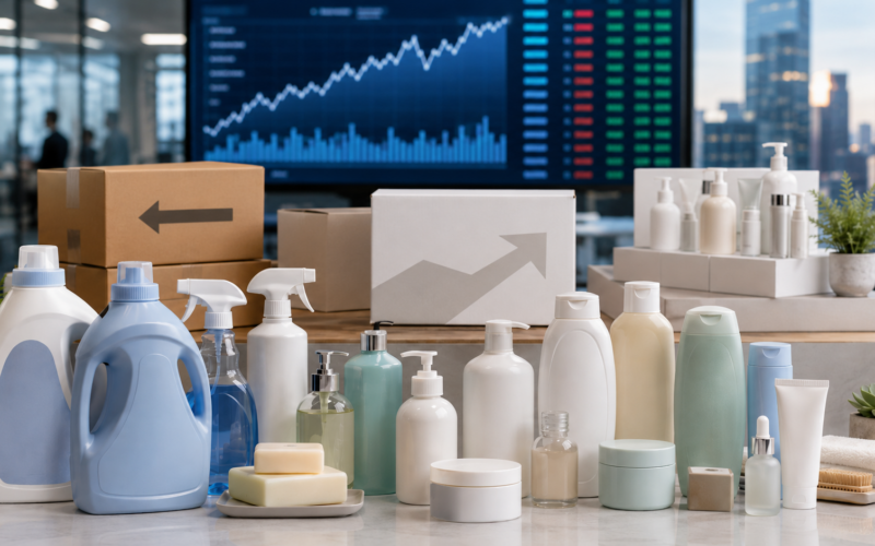 Representative image of unbranded home and personal care products set against a financial markets backdrop, reflecting Unilever’s push toward a pureplay consumer care business as investors watch its restructuring, Q1 2026 sales growth and upcoming H1 results.