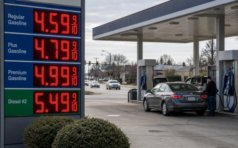 Representative image: A generic United States gas station shows elevated pump prices as average United States gas prices top $4.50 a gallon, highlighting how global oil disruption, low fuel inventories, and inflation pressure are hitting American drivers.