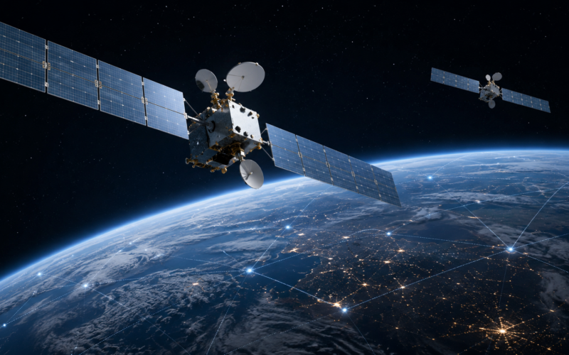 Representative image of advanced satellite communications infrastructure in Earth orbit, reflecting Viasat and Intelsat General’s $437.7 million U.S. space vehicle contract and the growing strategic importance of protected military satellite networks.