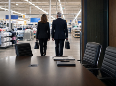 Representative image of senior retail executives leaving a corporate boardroom for a big-box store floor, reflecting Walmart’s leadership shake-up and the strategic pressure on Walmart U.S. operations, Sam’s Club growth, and $WMT investor sentiment.