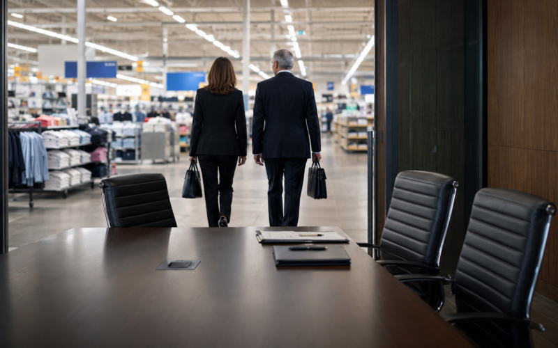 Representative image of senior retail executives leaving a corporate boardroom for a big-box store floor, reflecting Walmart’s leadership shake-up and the strategic pressure on Walmart U.S. operations, Sam’s Club growth, and $WMT investor sentiment.