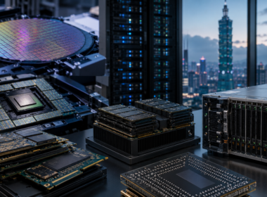 Representative image of advanced semiconductor wafers, high-bandwidth memory modules and AI server hardware, illustrating how Nvidia, SK hynix and Taiwan Semiconductor Manufacturing are tightening supply-chain coordination as AI infrastructure demand accelerates.