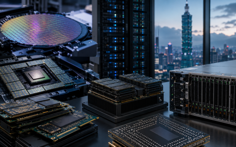 Representative image of advanced semiconductor wafers, high-bandwidth memory modules and AI server hardware, illustrating how Nvidia, SK hynix and Taiwan Semiconductor Manufacturing are tightening supply-chain coordination as AI infrastructure demand accelerates.