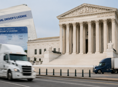 Representative image: A commercial driver’s license, moving freight trucks and a Supreme Court-style courthouse illustrate the legal battle over immigrant truck driver licensing, highway safety and Florida’s failed challenge against California and Washington.