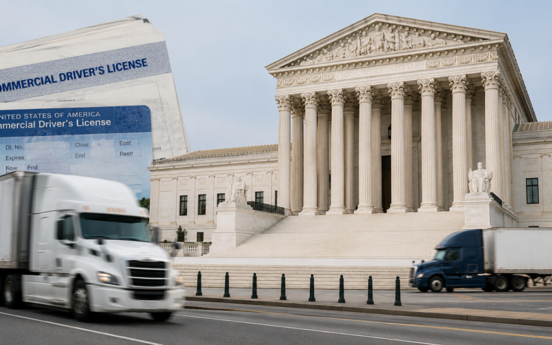 Representative image: A commercial driver’s license, moving freight trucks and a Supreme Court-style courthouse illustrate the legal battle over immigrant truck driver licensing, highway safety and Florida’s failed challenge against California and Washington.