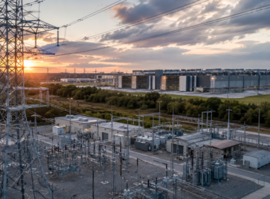 Representative image: A modern electricity substation and data center campus highlight how American Electric Power’s $78 billion capital plan is tied to rising U.S. grid infrastructure demand, AI-driven data center growth, and long-term power transmission investment.