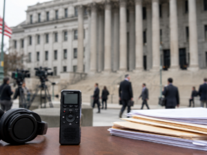 Representative image: A federal courthouse press setup with legal documents and audio recording equipment highlights the privacy, public records and political accountability questions at the heart of Joe Biden’s lawsuit against the Department of Justice over the planned release of classified documents probe recordings.