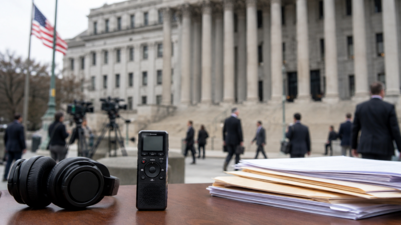 Representative image: A federal courthouse press setup with legal documents and audio recording equipment highlights the privacy, public records and political accountability questions at the heart of Joe Biden’s lawsuit against the Department of Justice over the planned release of classified documents probe recordings.
