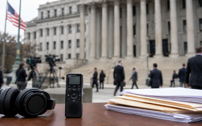Representative image: A federal courthouse press setup with legal documents and audio recording equipment highlights the privacy, public records and political accountability questions at the heart of Joe Biden’s lawsuit against the Department of Justice over the planned release of classified documents probe recordings.
