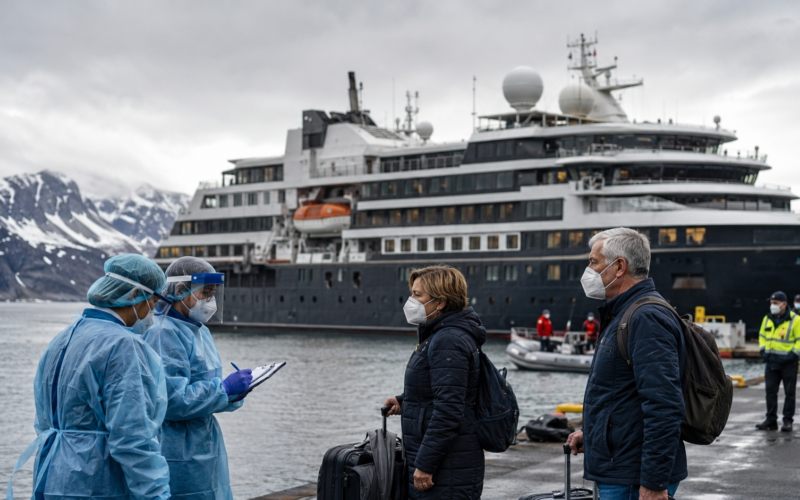 Representative image: Health workers screen masked cruise passengers at a cold-weather port as authorities trace a rare hantavirus-linked illness cluster tied to an expedition cruise ship, highlighting why the WHO says the rodent-borne virus outbreak is serious but not the start of a new pandemic.