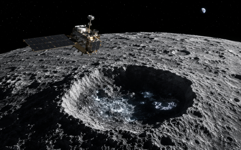 Representative image of a lunar orbiter studying shadowed craters near the Moon’s south pole as Chandrayaan-2 data strengthens evidence of subsurface ice, boosting India’s role in future lunar exploration and space resource missions.