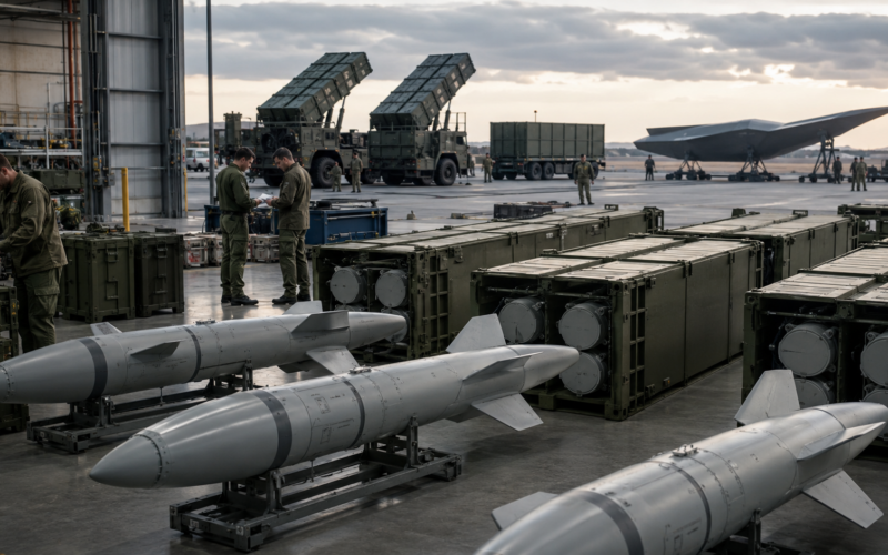 Representative image: A military hangar scene showing containerized missile systems and strike-ready munitions, illustrating how the Department of War’s new agreements with Leidos Holdings, Anduril Industries, Castelion Corporation, and other defence technology firms could reshape U.S. missile production, hypersonic weapons capacity, and low-cost strike readiness.