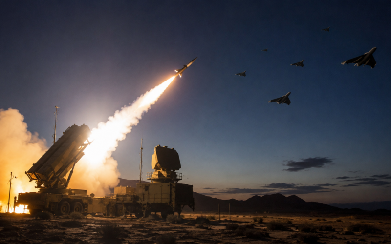 Representative image: A missile defence interceptor launch illustrates the growing cost-exchange challenge facing Lockheed Martin Corporation, RTX Corporation, and the wider air defence sector as expensive systems are used to counter low-cost drone threats.