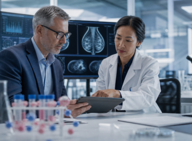Representative image: A modern oncology research team reviews breast cancer and molecular data, reflecting how Arvinas Inc.’s VEPPANU approval could test the commercial future of PROTAC drugs and targeted protein degradation.