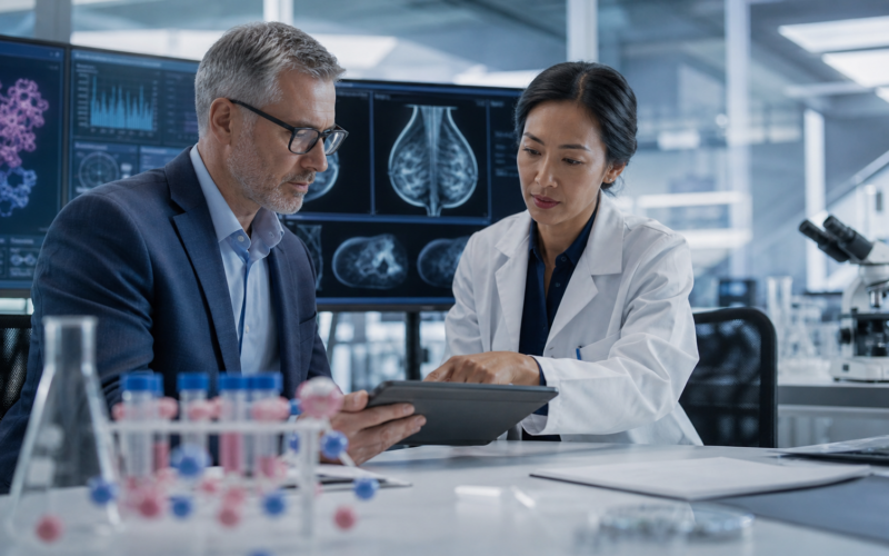 Representative image: A modern oncology research team reviews breast cancer and molecular data, reflecting how Arvinas Inc.’s VEPPANU approval could test the commercial future of PROTAC drugs and targeted protein degradation.