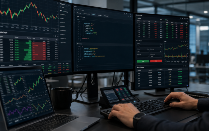 Representative image of a modern trading workstation showing API-driven equity, options and short locate workflows, as TradeZero Developer brings programmatic execution tools to active traders.