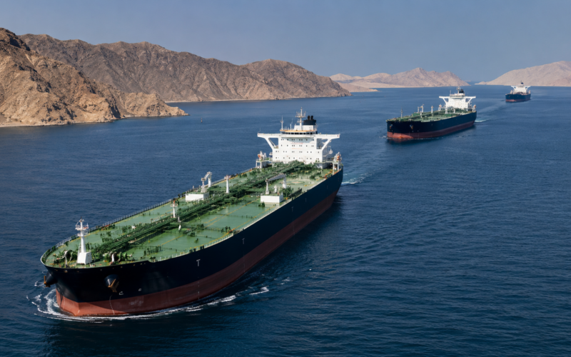 Representative image of crude oil tankers moving through a narrow Gulf waterway, reflecting the Strait of Hormuz oil transit risk after 6 million barrels of Middle East crude exited toward Asian refineries.