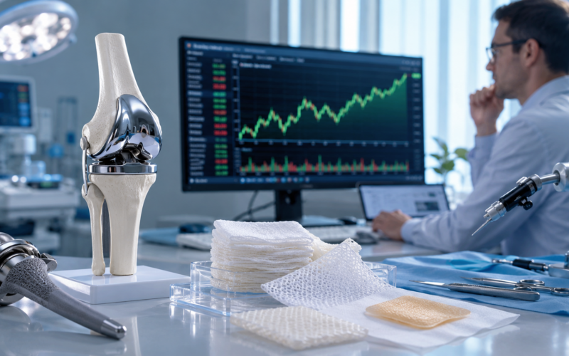 Representative image of orthopedic implants, wound care materials and market data screens, reflecting Smith+Nephew’s medical technology turnaround, share buyback momentum and investor focus ahead of its H1 2026 results.