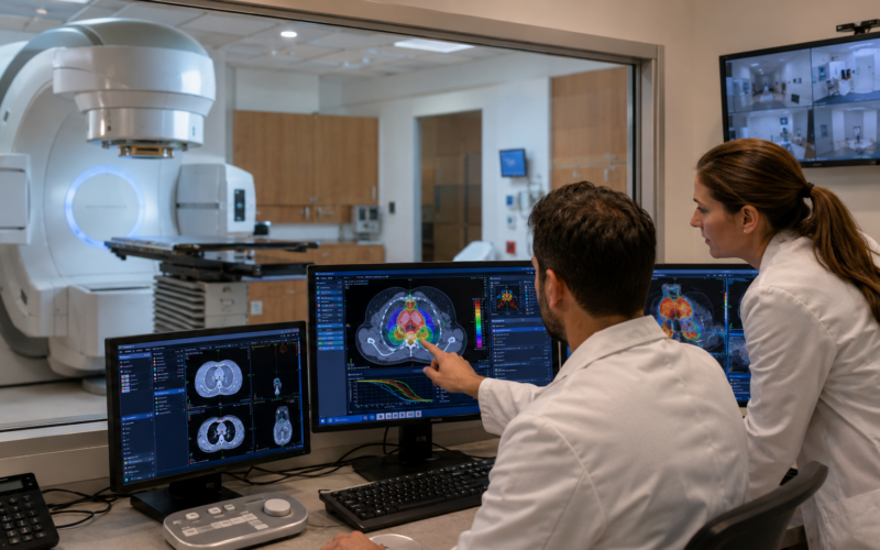 Representative image of a modern radiation oncology control room, highlighting how Accuray Incorporated’s University of Wisconsin-Madison research collaboration could advance adaptive radiotherapy and personalized cancer treatment planning.