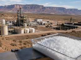 A generic view of a remote chemical production facility and white crystalline oxidiser material, illustrating how aerospace-grade ammonium perchlorate supply has become a critical bottleneck in the United States defence industrial base and solid rocket motor supply chain.
