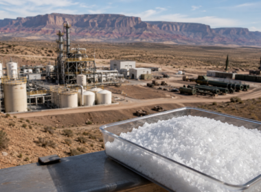 A generic view of a remote chemical production facility and white crystalline oxidiser material, illustrating how aerospace-grade ammonium perchlorate supply has become a critical bottleneck in the United States defence industrial base and solid rocket motor supply chain.