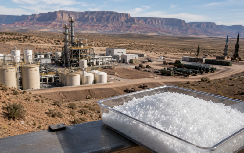 A generic view of a remote chemical production facility and white crystalline oxidiser material, illustrating how aerospace-grade ammonium perchlorate supply has become a critical bottleneck in the United States defence industrial base and solid rocket motor supply chain.