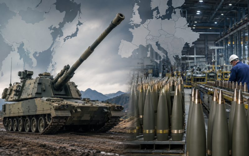 A self-propelled artillery vehicle and 155mm ammunition production line illustrate how Hanwha Aerospace and Rheinmetall are reshaping NATO’s artillery supply chain, with Korean howitzer exports and European shell manufacturing driving a new defence industry split.