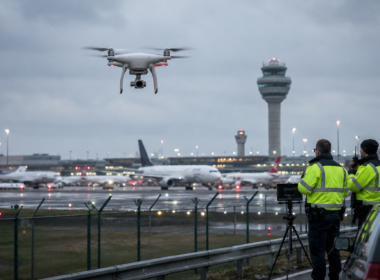 Representative image of airport security teams monitoring a suspected drone incursion near a European runway, highlighting how low-cost commercial drones are exposing major gaps in aviation security, NATO airspace protection, and Europe’s counter-drone defence readiness.
