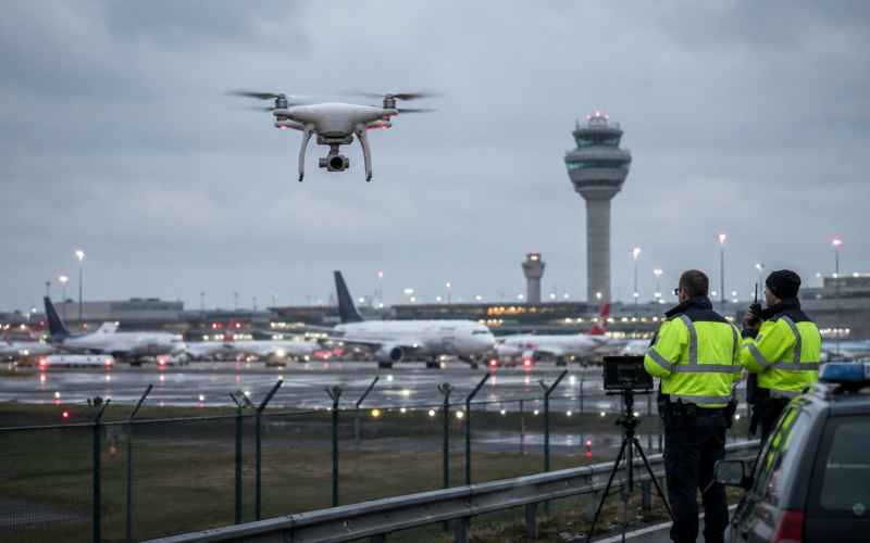 Representative image of airport security teams monitoring a suspected drone incursion near a European runway, highlighting how low-cost commercial drones are exposing major gaps in aviation security, NATO airspace protection, and Europe’s counter-drone defence readiness.