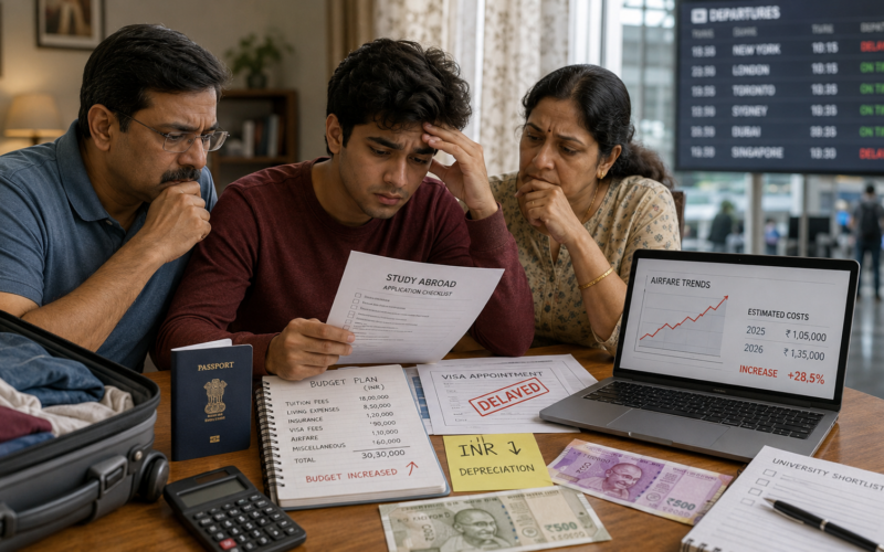 Representative image: Indian students and families are facing a tougher 2026 study abroad cost crunch as INR depreciation, United States visa delays, and rising airfares increase the financial pressure of overseas education planning.