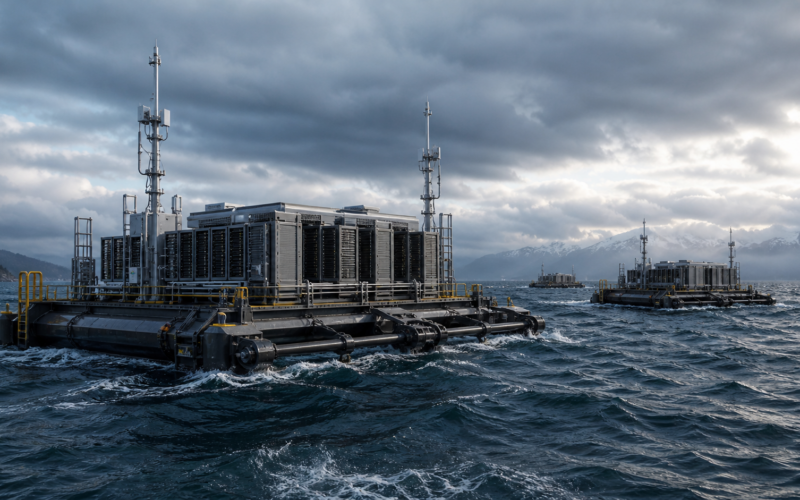 Representative image of wave-powered floating compute nodes operating in rough Pacific waters, as Panthalassa’s $140 million Series B funding pushes ocean-based AI infrastructure toward pilot deployment.