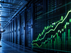 Representative image of a modern AI data centre and rising market chart, reflecting HPE's record quarterly results, upgraded fiscal 2026 outlook, and investor optimism around accelerating demand for artificial intelligence infrastructure.