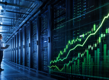 Representative image of a modern AI data centre and rising market chart, reflecting HPE's record quarterly results, upgraded fiscal 2026 outlook, and investor optimism around accelerating demand for artificial intelligence infrastructure.